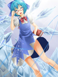 Rule 34 | 1girl, adjusting eyewear, bespectacled, blue eyes, blue hair, book, bow, cirno, dress, glasses, hair bow, highres, ice, legs, matching hair/eyes, open mouth, reio reio, short hair, solo, touhou, wings