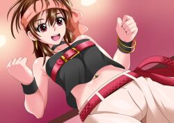 Rule 34 | 1girl, breasts, brown hair, highres, legs, midriff, momoko (kof), navel, navel piercing, open mouth, pants, piercing, pink eyes, short hair, small breasts, smile, snk, solo, the king of fighters, thighs