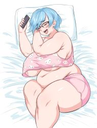 Rule 34 | 1girl, :3, areola slip, benpai, black-framed eyewear, blue hair, blush, breasts, closed eyes, commentary, english commentary, feet out of frame, glasses, holding, holding phone, large breasts, lips, lying, medium hair, navel, on bed, open mouth, original, over-rim eyewear, paw print, paw print pattern, phone, pillow, pink shorts, plump, semi-rimless eyewear, shorts, sleeping, solo, thick arms, thick thighs, thighs
