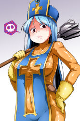 Rule 34 | 1girl, blue hair, blue hat, blush, bodysuit, breasts, covered collarbone, covered navel, d:, dragon quest, dragon quest iii, earrings, gloves, gradient background, hair between eyes, hand on own hip, hat, highres, holding, jewelry, large breasts, long hair, looking at viewer, mace, open mouth, orange bodysuit, over shoulder, priest (dq3), raised eyebrows, red eyes, skin tight, skull, solo, speed lines, spoken skull, straight hair, sugiura, tabard, turtleneck, weapon, yellow gloves