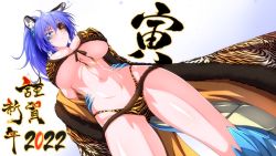Rule 34 | 1girl, 2022, animal print, annes (g (genesis1556)), arms behind back, bikini, blue eyes, blue hair, blush, breasts, brown bikini, chinese zodiac, cleavage, closed mouth, coat, commentary request, covered erect nipples, cowboy shot, dragon girl, dragon horns, dragon tail, eyepatch, from below, front-tie bikini top, front-tie top, fur-trimmed coat, fur trim, g (genesis1556), hair between eyes, high ponytail, highleg, highleg bikini, highres, horns, large breasts, long hair, looking at viewer, monster girl, navel, new year, off shoulder, original, ponytail, scales, scar, scar across eye, scar on face, sidelocks, simple background, solo, standing, stitches, stomach, swimsuit, tail, tiger print, underboob, white background, year of the tiger