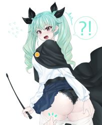 Rule 34 | !?, 10s, 1girl, anchovy (girls und panzer), ass, blush, breasts, cape, clothes pull, cpqm, drill hair, fang, female focus, from behind, girls und panzer, green hair, hair ribbon, highres, large breasts, long hair, looking at viewer, panties, pantyhose, pantyhose pull, ribbon, school uniform, shiny skin, sideboob, simple background, skirt, solo, surprised, sweatdrop, twin drills, underwear, uniform, white background