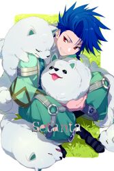 Rule 34 | 1boy, animal, blue hair, border, character name, commentary request, cu chulainn (fate), dog, echo (circa), fate/grand order, fate/grand order arcade, fate (series), grass, grin, male focus, outside border, puppy, red eyes, setanta (fate), sitting, smile, spiked hair, tongue, tongue out, twitter username, white border, white dog