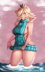 Rule 34 | 1girl, aran sweater, backless dress, backless outfit, bare shoulders, blonde hair, blue eyes, blue sweater, blush, breasts, cable knit, curvy, dress, lips, long hair, looking at viewer, mario (series), medium breasts, meme attire, naked sweater, nintendo, rosalina, rosalinaxgirl, self-upload, sideboob, solo, standing, star (symbol), super mario bros. 1, sweater, thick thighs, thighs, turtleneck, turtleneck sweater, virgin killer sweater, water, wet, wet clothes, wide hips