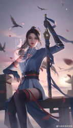 Rule 34 | 1girl, absurdres, asymmetrical dress, bird, black thighhighs, brown hair, cloud, dust, falling feathers, feathers, hair ornament, hair tie, hairpin, highres, holding, holding sword, holding weapon, hua jianghu zhi bei mo ting, huahua de lao fei, jewelry, ji ruxue (hua jianghu), long hair, looking at viewer, necklace, on railing, ponytail, railing, realistic, second-party source, sheath, sheathed, solo, sunset, sword, thighhighs, upper body, watermark, weapon