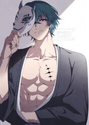 1boy alternate_costume black_robe blue_hair brant_(wuthering_waves) collarbone commentary_request highres holding holding_mask looking_at_viewer male_focus mask not_tatenaname open_clothes open_robe purple_eyes robe short_hair smirk solo tacet_mark_(wuthering_waves) toned toned_male upper_body wuthering_waves