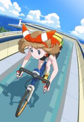Rule 34 | 1girl, bent over, bicycle, bike shorts, bow hairband, brown hair, closed mouth, cloud, commentary, creatures (company), day, eyelashes, fanny pack, game freak, gen 3 pokemon, grey eyes, hairband, highres, holding, ia (ilwmael9), latias, latios, legendary pokemon, lighthouse, may (pokemon), nintendo, ocean, outdoors, pokemon, pokemon oras, riding, riding bicycle, shirt, shoes, sky, sleeveless, sleeveless shirt, smile, split mouth, water, yellow bag, yellow footwear