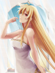 Rule 34 | 1girl, ahoge, bare arms, blonde hair, breasts, chain, cleavage, closed mouth, dress, fate testarossa, from side, hair between eyes, long hair, lyrical nanoha, mahou shoujo lyrical nanoha, mahou shoujo lyrical nanoha strikers, medium breasts, profile, red eyes, solo, sougetsu izuki, standing, straight hair, strapless, strapless dress, transparent, very long hair, white dress