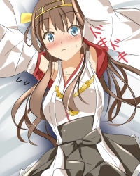 Rule 34 | 10s, 1girl, appei (555), blue eyes, blush, brown eyes, brown hair, detached sleeves, double bun, hairband, japanese clothes, kantai collection, kongou (kancolle), looking at viewer, nontraditional miko, personification, solo, sweatdrop