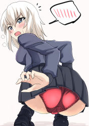 Rule 34 | 10s, 1girl, absurdres, ankle boots, ass, black footwear, black skirt, blue eyes, blush, boots, crotch seam, dress shirt, embarrassed, full body, fume, girls und panzer, grey shirt, highres, itsumi erika, lace, lace-trimmed panties, lace trim, long hair, long sleeves, looking at viewer, looking back, miniskirt, open mouth, panties, pleated skirt, red panties, saku (saku1151), school uniform, shirt, silver hair, simple background, skirt, solo, spoken blush, squatting, sweat, sweatdrop, underwear, white background