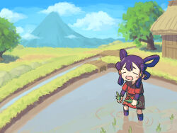 Rule 34 | 1girl, blush, closed eyes, cloud, commentary request, day, exhausted, furrowed brow, grass, hair rings, hair tubes, holding, holding plant, hut, japanese clothes, layered sleeves, long hair, long sleeves, mizura, mountain, nezutako, open mouth, outdoors, plant, purple hair, red robe, reflection, reflective water, rice (plant), rice paddy, rice planting, ripples, robe, rock, sakuna-hime, short over long sleeves, short sleeves, solo, standing, stream, sweat, tensui no sakuna-hime, thatched roof, tree, wading