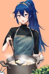Rule 34 | 1girl, alternate hairstyle, ameno (a meno0), apron, bad id, bad twitter id, black sweater, blue eyes, blue hair, blush, cooking, fire emblem, fire emblem awakening, hair between eyes, hair ornament, highres, holding, long hair, looking at viewer, lucina (fire emblem), nintendo, open mouth, ponytail, ribbed sweater, simple background, smile, solo, sweater, symbol-shaped pupils, tiara, turtleneck, turtleneck sweater
