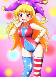 Rule 34 | 1girl, american flag legwear, blonde hair, bracelet, clownpiece, competition swimsuit, d-m (dii emu), fairy wings, hand on own hip, hat, highres, jester cap, jewelry, light particles, long hair, one-piece swimsuit, print thighhighs, purple background, red eyes, red one-piece swimsuit, solo, striped clothes, striped thighhighs, swimsuit, thighhighs, touhou, very long hair, wings