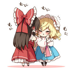 Rule 34 | 2girls, alice margatroid, bare shoulders, black hair, blonde hair, blue dress, blush, bow, detached sleeves, dress, closed eyes, flying sweatdrops, full body, hair between eyes, hair bow, hairband, hakurei reimu, japanese clothes, lolita hairband, long hair, long sleeves, multiple girls, nontraditional miko, open mouth, piyokichi, red bow, red hairband, red skirt, ribbon-trimmed sleeves, ribbon trim, short hair, skirt, touhou, wide sleeves
