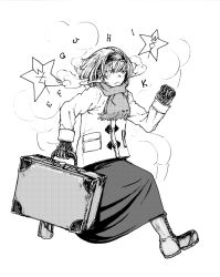 Rule 34 | alice margatroid, coat, commentary, commentary request, contrail, gloves, greyscale, headband, koyubi (littlefinger1988), monochrome, running, scarf, short hair, simple background, skirt, solo, star (symbol), suitcase, touhou, white background