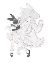 Rule 34 | 1girl, animal ears, bib, black footwear, blue eyes, cat ears, cat girl, cat tail, closed mouth, dress, frilled dress, frills, hair ribbon, hand up, heterochromia, highres, holding, holding stuffed toy, koirariko, long hair, long sleeves, monochrome, original, puffy long sleeves, puffy sleeves, ribbon, shoes, short hair with long locks, simple background, socks, solo, spot color, stuffed animal, stuffed rabbit, stuffed toy, tail, very long hair, white background, white dress, white ribbon, white socks