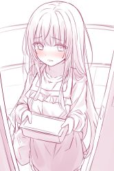 Rule 34 | 1girl, apron, bag, blush, commentary, dress, english commentary, frilled apron, frills, highres, hitsukuya, holding, long hair, long sleeves, looking at viewer, monochrome, nose blush, open door, original, parted lips, plastic bag, puffy long sleeves, puffy sleeves, sketch, solo, spring onion, unfinished, very long hair
