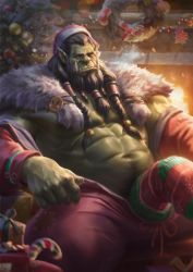 Rule 34 | 1boy, 6suan, abs, alternate costume, bara, bare pectorals, beard, black hair, bulge, christmas, christmas tree, colored skin, erection, erection under clothes, facial hair, fangs, green skin, hat, jacket, large pectorals, long hair, looking at viewer, male focus, male pubic hair, mature male, monster boy, muscular, muscular male, navel, navel hair, nipples, open clothes, open jacket, orc, pants, pectorals, pointy ears, pubic hair, red pants, santa costume, santa hat, sitting, sock on penis, socks, solo, spread legs, stomach, thick thighs, thighs, thrall, warcraft