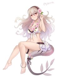 Rule 34 | 1girl, anklet, bikini, black hairband, breasts, cleavage, corrin (female) (fire emblem), corrin (female) (summer) (fire emblem), corrin (fire emblem), dragon tail, fire emblem, fire emblem fates, fire emblem heroes, flower, full body, hair flower, hair ornament, hairband, highres, jewelry, long hair, nintendo, official alternate costume, red eyes, simple background, solo, spiffydc, swimsuit, tail, thigh strap, twitter username, white background, white hair, wreath