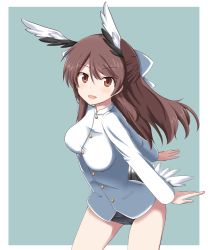 Rule 34 | 10s, 1girl, animal ears, bird tail, bow, brave witches, breasts, brown eyes, brown hair, buttons, cowboy shot, epaulettes, hair bow, half updo, head wings, highres, karibuchi takami, legs apart, long sleeves, looking at viewer, matching hair/eyes, medium breasts, military, military uniform, mono (mono60), naval uniform, one-piece swimsuit, open mouth, shirt, smile, solo, swimsuit, swimsuit under clothes, tail, uniform, white bow, white shirt, wings, world witches series