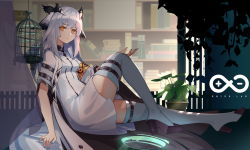 Rule 34 | 1girl, arknights, armband, birdcage, blue nails, bookshelf, boots, breasts, cage, closed mouth, coat, collared dress, commentary, dress, english commentary, expressionless, full body, high heel boots, high heels, highres, hymxiaocyan, lab coat, long hair, looking at viewer, medium breasts, nail polish, open clothes, open coat, orange eyes, owl ears, plant, potted plant, ptilopsis (arknights), ptilopsis (elite ii) (arknights), rhine lab logo, silver hair, sitting, solo, sunlight, thighhighs, white coat, white dress, white thighhighs