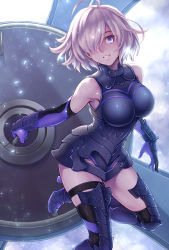 Rule 34 | 1girl, arm behind back, armor, asymmetrical legwear, bare shoulders, black armor, black leotard, black thighhighs, elbow gloves, fate/grand order, fate (series), gloves, hair over one eye, high heels, holding, holding shield, leg up, leotard, light particles, lioreo, mash kyrielight, over-kneehighs, parted lips, purple eyes, purple gloves, purple hair, shield, short hair, solo, thigh strap, thighhighs, uneven legwear
