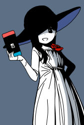 Rule 34 | 1girl, alcina dimitrescu, alcina dimitrescu (cosplay), aoyama kotoha (mitsuboshi colors), black eyes, black hair, black hat, commentary request, cosplay, cowboy shot, dot nose, dress, dress flower, flower, grey background, handheld game console, hat, high contrast, highres, holding, holding handheld game console, katsuwo (cr66g), long dress, long hair, looking at viewer, looking down, mitsuboshi colors, nintendo switch, one eye covered, open mouth, partially colored, red flower, red rose, resident evil, resident evil village, rose, shadow, simple background, smile, solo, split mouth, standing, sun hat