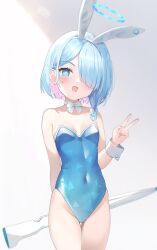 Rule 34 | 1girl, alternate costume, animal ears, arona (blue archive), bare legs, bare shoulders, blue archive, blue eyes, blue hair, blue leotard, blush, bow, bowtie, braid, breasts, cleavage, commentary request, covered navel, cowboy shot, fake animal ears, grey background, gun, hair over one eye, halo, head tilt, heart, heart-shaped pupils, highres, holding, holding gun, holding weapon, leotard, looking at viewer, multicolored hair, open mouth, pink hair, playboy bunny, rabbit ears, rifle, saeki sora, short hair, simple background, small breasts, smile, solo, symbol-shaped pupils, thigh gap, two-tone hair, v, weapon, white bow, white bowtie, wrist cuffs