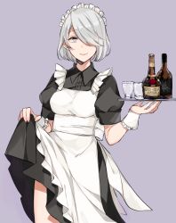 Rule 34 | 1girl, alcohol, alternate costume, apron, black dress, bottle, breasts, closed mouth, clothes lift, collared dress, cowboy shot, cup, dress, dress lift, drinking glass, enmaided, fingernails, frilled apron, frilled cuffs, frills, glass, hair over one eye, hands up, holding, holding tray, kurosawa kazuto, lifting own clothes, maid, maid apron, maid headdress, medium breasts, mole, mole under mouth, nier:automata, nier (series), one eye closed, pink lips, puffy short sleeves, puffy sleeves, purple background, sash, short hair, short sleeves, silver hair, simple background, skirt, skirt hold, skirt lift, smile, solo, standing, tray, waist apron, whiskey, white apron, wing collar, wrist cuffs, 2b (nier:automata)