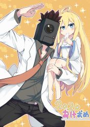 Rule 34 | 1boy, 1girl, 2020, absurdres, ahoge, bare legs, blonde hair, blue eyes, blush, brown hair, camcorder, carrying, child carry, commentary request, dress, eating, food, highres, holding, lab coat, long hair, loose necktie, mochi, movie thief, necktie, noel (majima), orange background, original, salute, shiro9jira, very long hair, video camera, white dress, wide sleeves