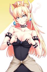 Rule 34 | 1girl, :o, ?, adjusting dress, armlet, artist request, bare shoulders, black dress, blonde hair, blue eyes, blue gemstone, blush, bowsette, bracelet, breasts, brown horns, cleavage, collar, collarbone, covered navel, cowboy shot, crown, dress, earrings, gem, hair between eyes, hair down, hands up, head tilt, highres, horns, jewelry, large breasts, long dress, long hair, looking at viewer, mario (series), monster girl, neck, new super mario bros. u deluxe, nintendo, open mouth, pointy ears, solo, spiked armlet, spiked bracelet, spiked collar, spikes, strapless, strapless dress, super crown, two-tone background, very long hair, white background, yellow background