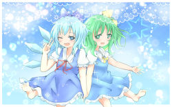 Rule 34 | 2girls, barefoot, blue eyes, blue hair, blush, bow, cirno, daiyousei, fang, green eyes, green hair, hair bow, ice, ice wings, mickeysmith, multiple girls, one eye closed, open mouth, side ponytail, touhou, v, wings