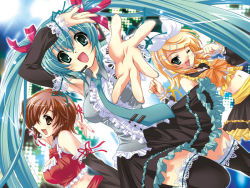 Rule 34 | 3girls, aqua nails, armpits, bow, bowtie, detached sleeves, frills, hatsune miku, headset, kagamine rin, meiko (vocaloid), multiple girls, nail polish, necktie, one eye closed, open mouth, outstretched arm, outstretched hand, pink nails, reaching, skirt, smile, suzui narumi, thighhighs, twintails, vocaloid, wink, zettai ryouiki
