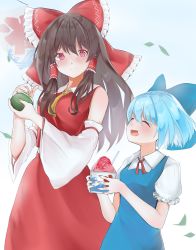Rule 34 | 1girl, 258n, absurdres, arms up, ascot, bag, black hair, blue background, blue dress, blue hair, blush, bow, breasts, cirno, closed eyes, coin purse, commentary, cowboy shot, detached sleeves, dress, food, hair between eyes, hair bow, hair tubes, hakurei reimu, handbag, height difference, highres, holding, holding bag, holding food, leaf, light smile, long hair, looking at viewer, medium breasts, neck ribbon, neckwear between breasts, open mouth, pinafore dress, puffy short sleeves, puffy sleeves, red eyes, red neckwear, red skirt, red vest, ribbon, shaved ice, shirt, short hair, short sleeves, sidelocks, sign, skirt, sleeveless dress, standing, touhou, upper body, very long hair, vest, white shirt, yellow neckwear