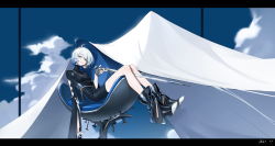 Rule 34 | 1girl, absurdres, ahoge, between legs, black dress, black footwear, blue eyes, blue hair, blue nails, blue sky, boots, breasts, chinese commentary, cleavage, commentary request, dress, earrings, high heel boots, high heels, highres, holding, jewelry, letterboxed, long sleeves, looking at viewer, medium breasts, multicolored hair, nail polish, necklace, original, short hair, silver hair, sitting, sky, solo, streaked hair, tizibade, turtleneck