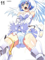 Rule 34 | 00s, angel, angel of light nanael, angel wings, artbook, asymmetrical wings, bare shoulders, blue hair, blush, boots, elbow gloves, gloves, green eyes, highres, kuuchuu yousai, miniskirt, nanael (queen&#039;s blade), nanael (queen's blade), open mouth, panties, pantyshot, polka dot, polka dot panties, queen&#039;s blade, scan, short hair, skirt, solo, sword, thighhighs, underwear, weapon, wings