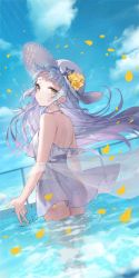 Rule 34 | 1girl, back, bare shoulders, blue sky, blush, closed mouth, dress, floating hair, flower, from behind, grey hair, halter dress, halterneck, hat, hat flower, highres, hololive, long hair, looking at viewer, looking back, murasaki shion, nail polish, panties, petals, see-through, see-through dress, shiohana, short dress, sidelocks, sky, sleeveless, sleeveless dress, solo, star (symbol), straw hat, underwear, very long hair, virtual youtuber, wading, water, wet, wet clothes, white dress, white hat, yellow eyes, yellow nails