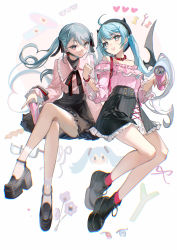 Rule 34 | 2girls, absurdres, ahoge, bare legs, black footwear, black headwear, black ribbon, black skirt, blouse, blue eyes, blue hair, bracelet, can, chromatic aberration, collared shirt, commentary, commentary request, creator connection, dual persona, english commentary, unworn eyewear, fingernails, full body, glasses, hatsune miku, heart, heart-shaped pupils, highres, holding, holding can, jewelry, kesaran pasaran (vocaloid), long fingernails, long hair, long sleeves, looking at viewer, mask pull, mixed-language commentary, multiple girls, neck ribbon, off-shoulder shirt, off shoulder, open mouth, pink legwear, pink shirt, platform footwear, ribbon, rumoon, shirt, shoes, simple background, skirt, smile, sneakers, socks, symbol-shaped pupils, twintails, vampire (vocaloid), vocaloid, white background, white legwear
