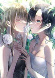 Rule 34 | 2girls, absurdres, bare shoulders, black hair, black shirt, blue eyes, breasts, brown hair, chromatic aberration, cleavage, closed eyes, closed mouth, collarbone, commentary request, flower, hair between eyes, highres, long hair, multiple girls, open mouth, original, shirt, sleeveless, sleeveless shirt, small breasts, spaghetti strap, strap slip, touki matsuri, upper body, white flower, white shirt, yuri