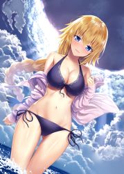Rule 34 | 1girl, :d, absurdres, bare shoulders, bikini, black bikini, blonde hair, blue bow, blue eyes, blue sky, blush, bow, braid, braided ponytail, breasts, cleavage, cloud, cloudy, cloudy sky, collarbone, cowboy shot, fate/apocrypha, fate (series), front-tie top, gluteal fold, groin, hair between eyes, hair bow, heirou, highres, hood, hood down, hoodie, jeanne d&#039;arc (fate), jeanne d&#039;arc (ruler) (fate), jeanne d&#039;arc (white cruising) (fate), large breasts, legs together, long hair, long sleeves, looking at viewer, navel, off shoulder, open clothes, open hoodie, open mouth, partially submerged, shiny skin, side-tie bikini bottom, sky, smile, solo, standing, stomach, swimsuit, very long hair, wading, water