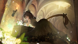 Rule 34 | 1girl, animal ears, black fox, blurry, blurry foreground, breasts, brown hair, brown legwear, coffin, depth of field, dress, fingernails, flower, from behind, full body, green dress, green hat, green ribbon, hat, high heels, highres, indoors, kneeling, leaning forward, looking at viewer, looking back, medium breasts, medium hair, mouth hold, nail polish, original, petals, red eyes, red nails, red ribbon, ribbon, ribbon in mouth, saraki, signature, sleeveless, sleeveless dress, solo, tail, tail ornament, tail ribbon, teeth, torch, veil, white flower