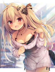 Rule 34 | 1girl, :d, animal print, bare shoulders, black bra, black panties, blonde hair, blurry, blurry background, blush, bow, bra, collarbone, commentary request, depth of field, dress, earrings, fang, hair between eyes, hair bow, hair ornament, hairclip, highres, hoop earrings, izumiyuhina, jewelry, leopard print, long hair, necklace, off-shoulder sweater, off shoulder, open mouth, original, panties, print bow, red bow, red eyes, side-tie panties, smile, solo, sweater, sweater dress, tan, underwear, very long hair, white sweater