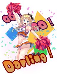Rule 34 | 1girl, alternate costume, armpits, blonde hair, blue eyes, cheerleader, clothes writing, commentary request, confetti, crop top, english text, full body, hat, highres, jervis (kancolle), jumping, kantai collection, long hair, looking at viewer, midriff, miniskirt, open mouth, panties, pantyshot, pink panties, pleated skirt, pom pom (cheerleading), shoes, skirt, sleeveless, smile, sneakers, solo, stomach, underwear, warabe (waraghi), white background, white hat
