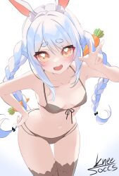 Rule 34 | 1girl, absurdres, animal ear fluff, animal ears, artist name, black bra, black panties, black thighhighs, blue hair, blush, bra, braid, breasts, carrot hair ornament, fang, food-themed hair ornament, front-tie bra, hair ornament, hand on own hip, heart, heart in eye, highres, hololive, kneesoccs, leaning forward, long hair, looking at viewer, multi-strapped panties, multicolored hair, navel, open mouth, orange eyes, panties, rabbit ears, rabbit girl, short eyebrows, simple background, skin fang, small breasts, smile, solo, stomach, symbol in eye, thick eyebrows, thighhighs, twin braids, two-tone hair, underwear, underwear only, usada pekora, virtual youtuber, w, white background, white hair