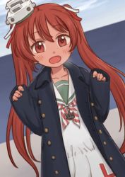 Rule 34 | 1girl, black coat, blue sky, brown eyes, brown hair, clothes writing, cloud, coat, commentary request, dark-skinned female, dark skin, dress, dutch angle, hat, horizon, kantai collection, libeccio (kancolle), long hair, looking at viewer, mini hat, ocean, omodaka (nitera1041), sailor dress, sky, smile, solo, twintails, white dress