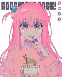 Rule 34 | 1girl, blue eyes, bocchi the rock!, copyright name, cube hair ornament, eating, gotoh hitori, hair ornament, highres, holding, holding spoon, idawnrunner, jacket, long hair, looking at viewer, pink hair, pink jacket, solo, spoon, track jacket, upper body, white background
