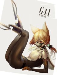 Rule 34 | 1girl, absurdres, ajirui, alternate costume, alternate eye color, amputee, animal ears, arm support, ass, belt, blonde hair, bodysuit, breasts, bridal gauntlets, brown eyes, character name, choker, fox ears, g41 (girls&#039; frontline), girls&#039; frontline, gloves, grey background, hair between eyes, hair ornament, highres, legs up, light particles, long hair, looking at viewer, lying, mask, mouth mask, muzzle, on back, prosthesis, prosthetic leg, ribbon, sidelocks, simple background, solo, thighs, very long hair