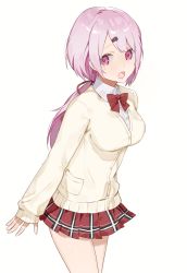 Rule 34 | 1girl, bad id, bad twitter id, bow, breasts, commentary request, hair ornament, hair ribbon, hairclip, light purple hair, long hair, long sleeves, looking at viewer, medium breasts, miniskirt, nijisanji, open mouth, pink eyes, pleated skirt, red bow, red ribbon, ribbon, shiina yuika, shiina yuika (1st costume), shirt, simple background, skirt, sleeves past wrists, solo, standing, susuke su, sweater, virtual youtuber, white background, white shirt, yellow sweater