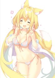 Rule 34 | 1girl, amamiya mei, animal ears, bikini, blonde hair, blue eyes, bow, bowtie, breasts, cat ears, cat tail, cherry blossoms, collar, double v, extra ears, flower, fox ears, fox tail, hair flower, hair ornament, hairclip, heart, highres, large breasts, loafers, long hair, long sleeves, looking at viewer, low twintails, one eye closed, open mouth, original, outstretched arm, p19, shirt, shoes, simple background, skirt, solo, sweater, swimsuit, tail, thighhighs, twintails, v, virtual youtuber, white background, zettai ryouiki