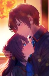 Rule 34 | 1boy, 1girl, a-chan senpai, backlighting, black jacket, blue bow, blue eyes, blue necktie, blush, bow, collared shirt, commentary request, couple, eyelashes, fingernails, from side, hair between eyes, hetero, highres, hug, jacket, little busters!, little busters! school uniform, long hair, looking at another, looking down, looking up, miiizuno lbs, natsume kyousuke, necktie, parted lips, profile, school uniform, shirt, short hair, sunset, sweat, tareme, tsurime, upper body, white shirt